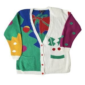 I.B Diffusion Sport‎ Womens Christmas Ugly Cardigan Sweater Sz L Block Print 90s